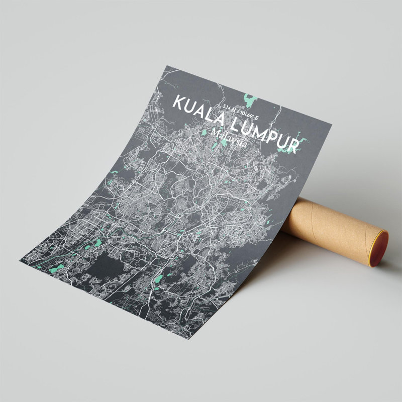 «Kuala Lumpur City Map», impression de luxe, H 20 po x l 16 po, Vert / gris
