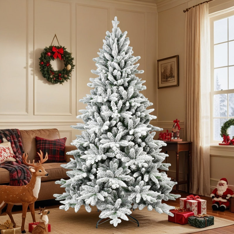 Arbre de Noël enneigé 7 pi - 1514 pointes Pe + Pvc Arbre de Noël artificiel réaliste avec branches articulées et support en métal pour la décoration des Fêtes