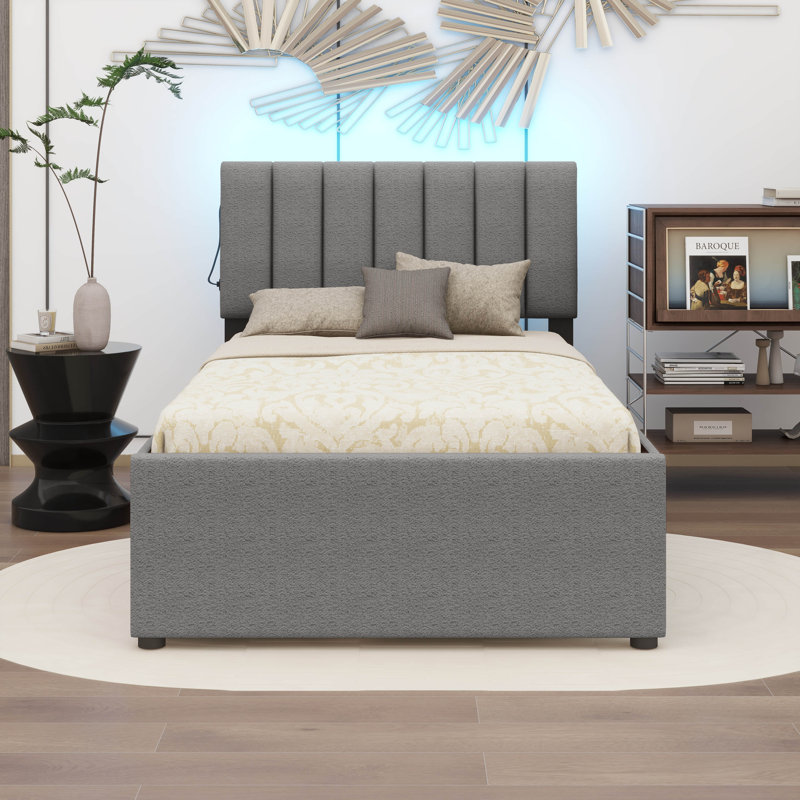 Lit plateforme tapissier simple avec lit gigogne Teddy, gris