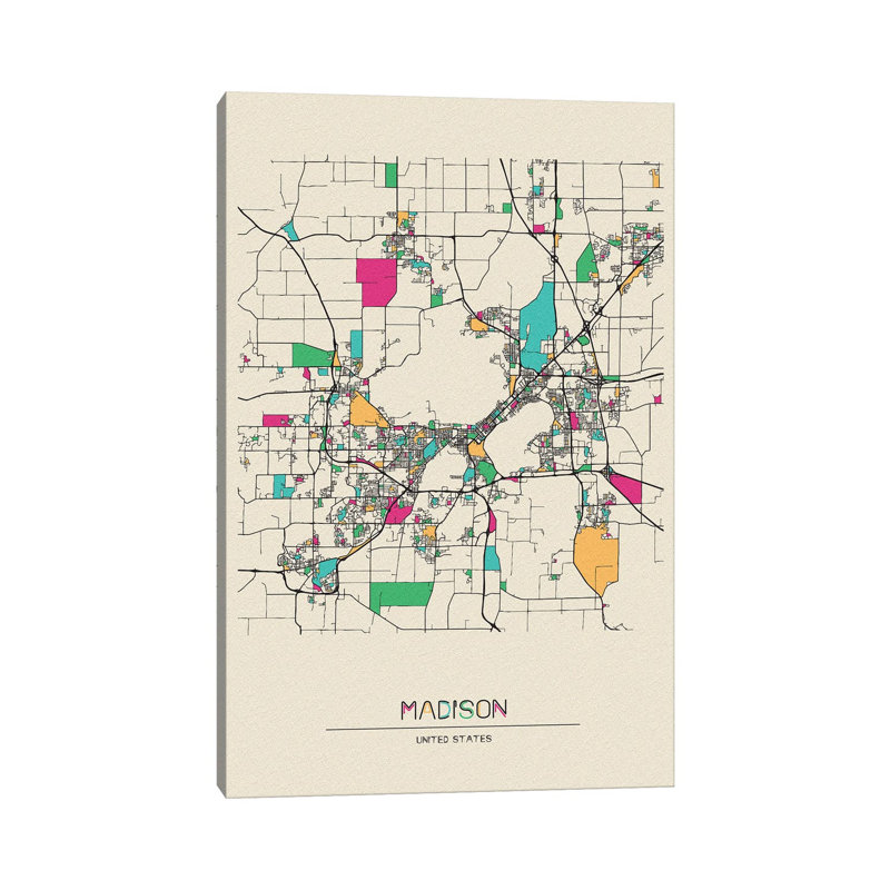 Madison, Wisconsin Map par Ayse Deniz Akerman - Estampe numérique sur toile tendue avec châssis, H 18 po x l 12 po x 1,5 po