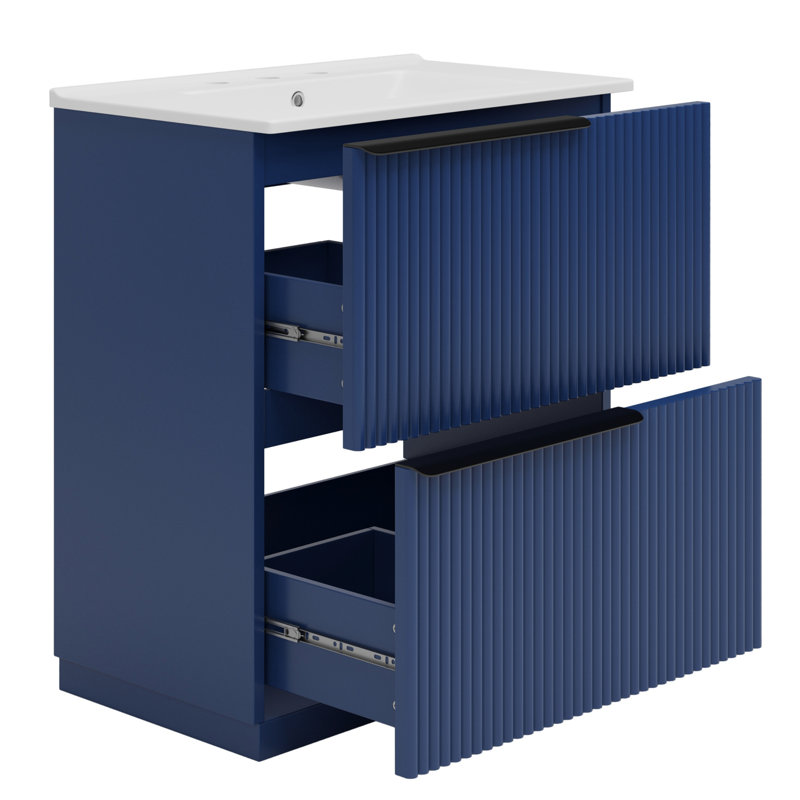 Meuble-lavabo bleu autoportant de 76 cm avec tiroirs extensibles, trous prépercés pour robinetterie de 20 cm et structure étanche, lavabo en céramique, surface