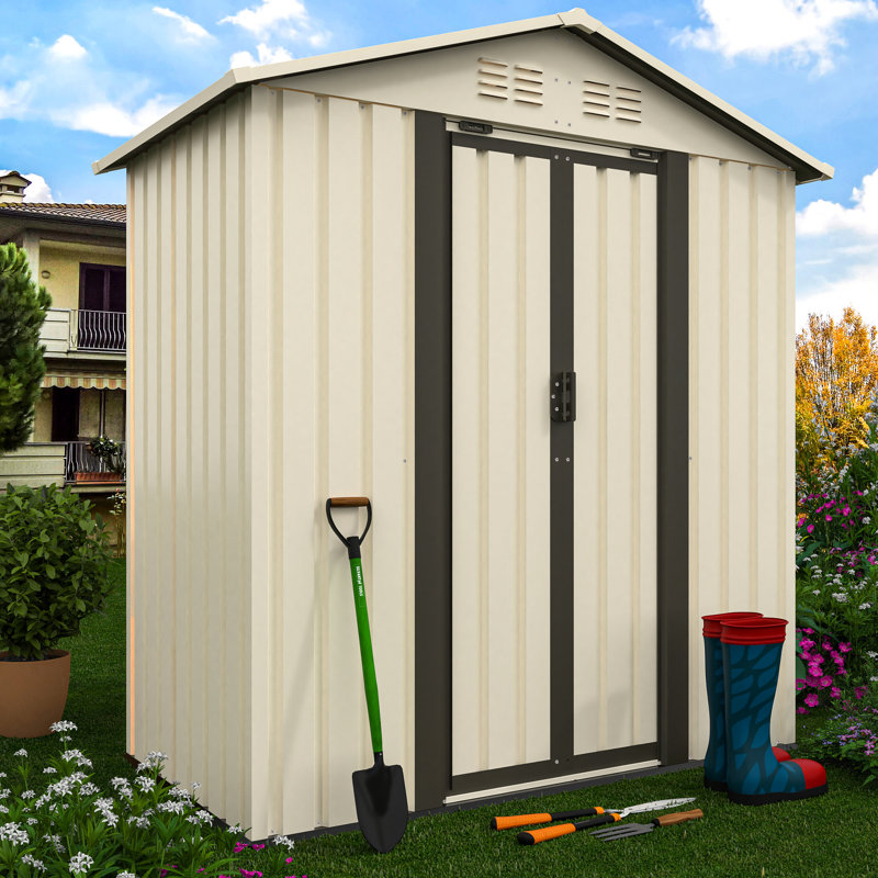 Abri de jardin extérieur de 5 pi x 3 pi avec nouveau design en blanc crème, structure en alliage d'aluminium et anticorrosion, ventilé pour garder les articles au sec, protection des panneaux muraux qui se chevauchent, rangement manuel inclus