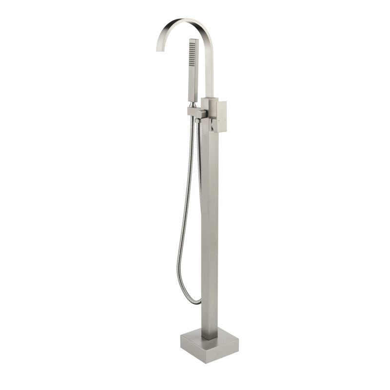 Waterfall Single Handle Floor Mount Freestanding Tub Faucet Bathtub Filler With Hand Shower, Brushed Nickel