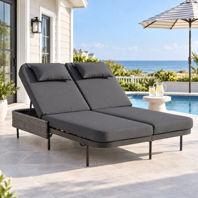 Lit de jour d'extérieur en osier pour 2 personnes, chaise longue de patio avec coussins et dossiers réglables à 6 positions