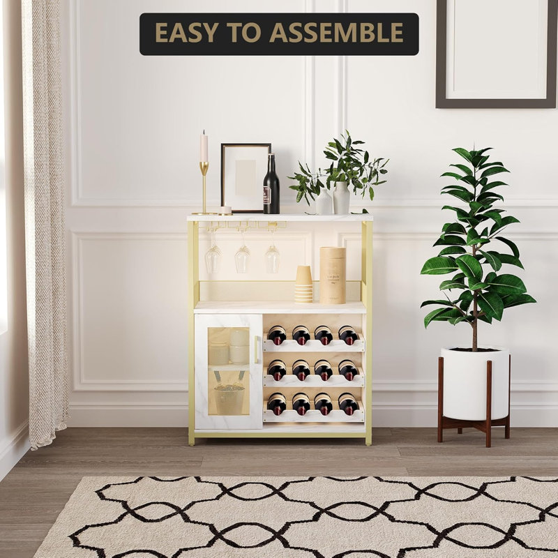 Armoire à vin à 3 niveaux avec support à vin amovible et espace de rangement, armoire à buffet avec porte-verre et porte grillagée, pour la cuisine, le salon et le bar