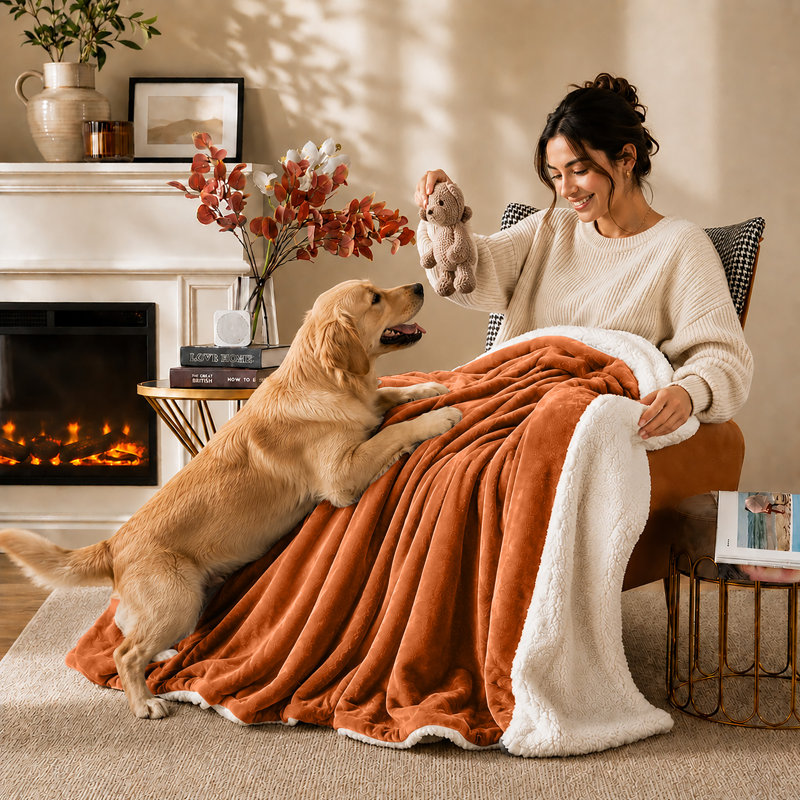 Sherpa Fleece Blanket - Reversible Ultra-Soft Warm Cozy Throw for Sofa & Bed, Rust, Single (130cm x 150cm)
