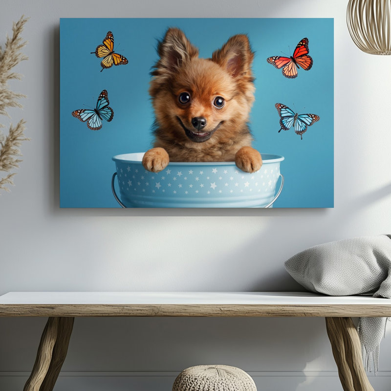 Toile, "Un joli chiot moelleux avec de grands yeux expressifs", art mural d'un seau bleu clair orné d'étoiles blanches