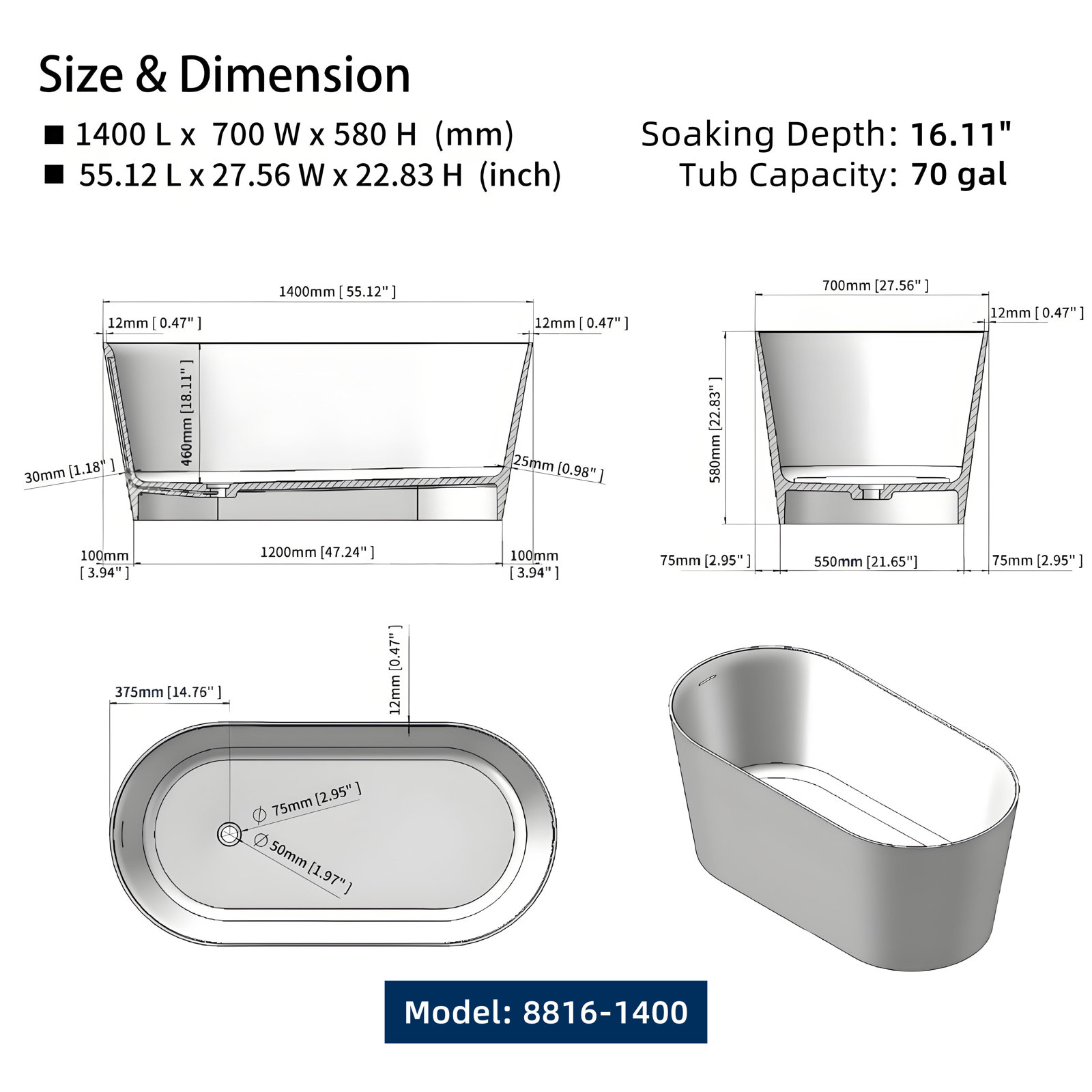 Solid Surface Oval Freestanding Soaking Bathtub, 55.12" L x 27.56" W x 22.83" H