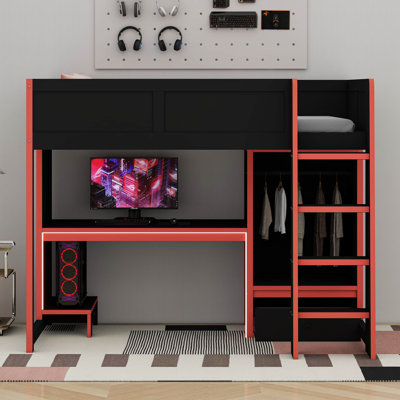 Lit mezzanine en bois avec bureau intégré, garde-robe, DEL et tiroir
