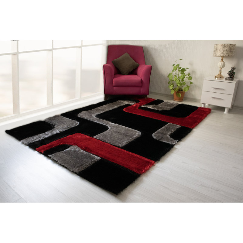 Tapis en polyester noir / gris / rouge Delphis, Rectangle 5 pi x 7 pi