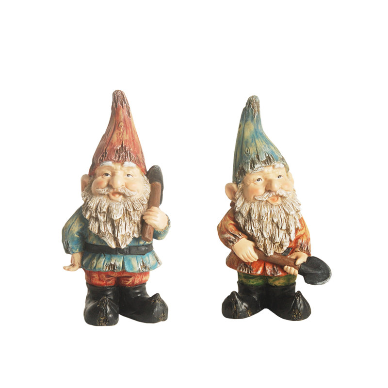 Ensemble de 2 gnomes de jardin barbu orange et bleu avec outils 10,25 "
