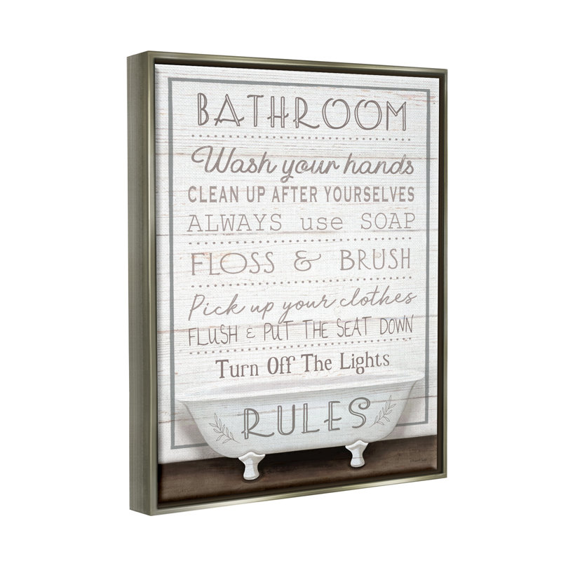 «Ba-572-Floater Rustic Bathroom Rules Tub» par Elizabeth Tyndall, art textuel sur toile, Cadre flottant gris lustré