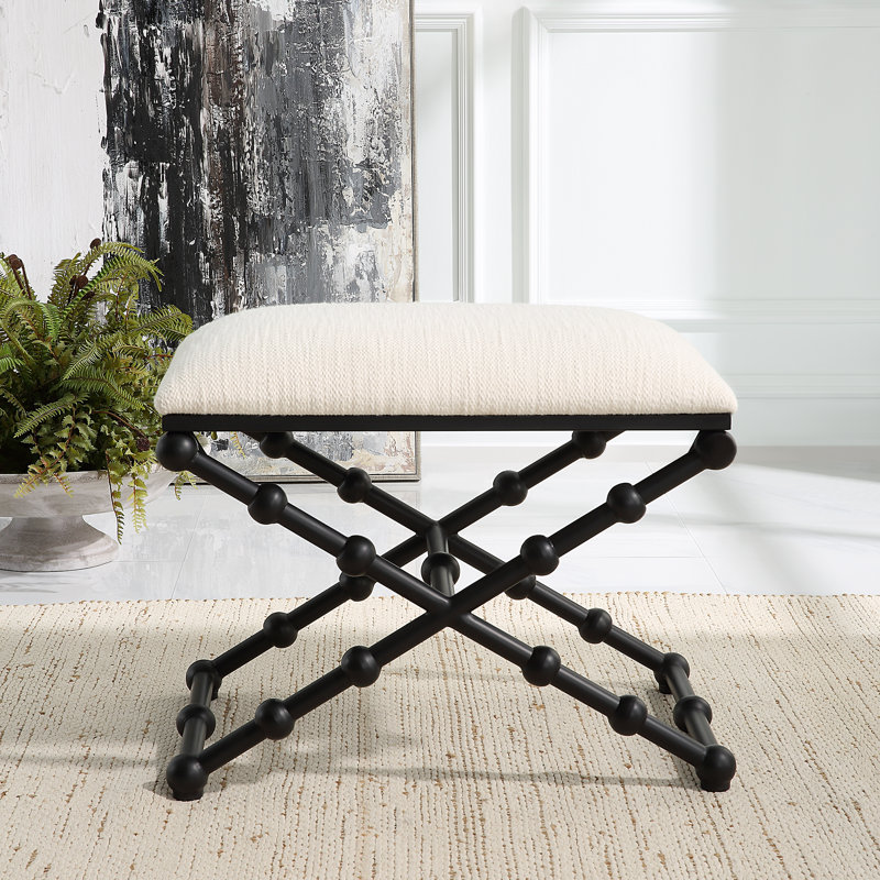 White Polyester Upholstered Bench with Black Iron Frame