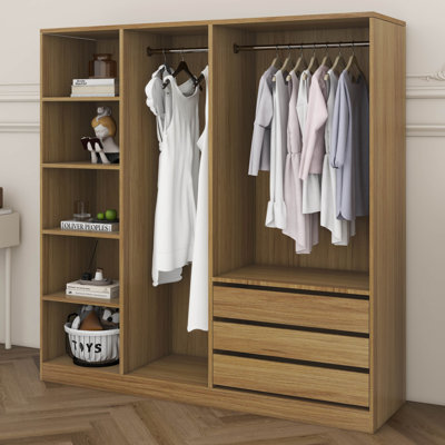 Armoire de rangement sans porte en bois avec tablettes et 3 tiroirs, armoire à vêtements fonctionnelle pour chambre à coucher, appartement