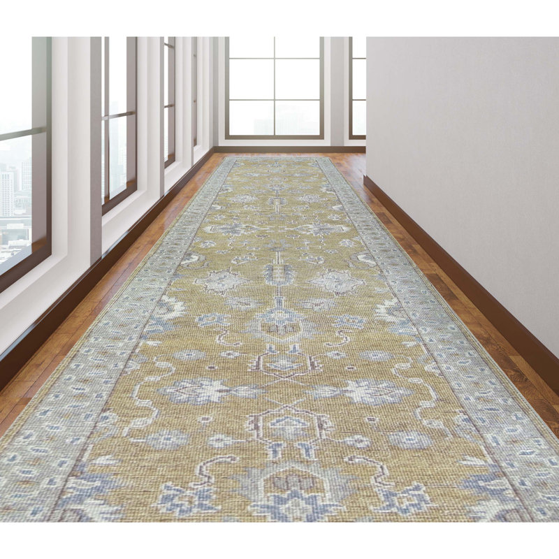 Tapis chameau et ivoire noué à la main de haute qualité, Tapis de couloir 2 pi 6 po x 12 pi