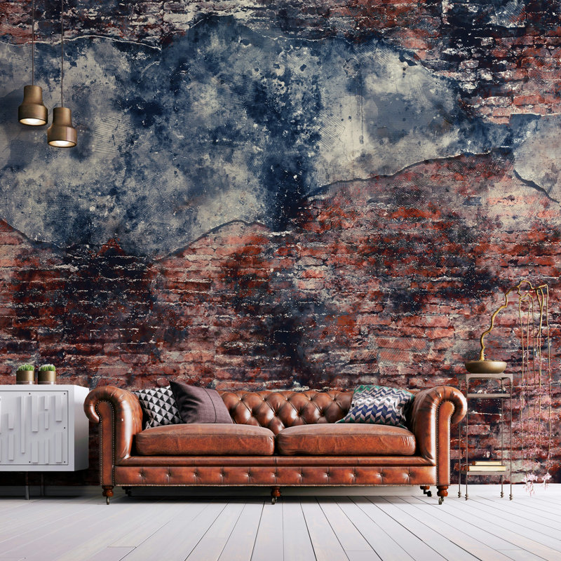 Rustic Red Brick and Blue Plaster Wallpaper, 106" L  x 187" W