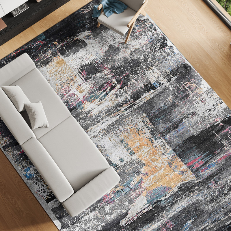 Hand Knotted Abstract Area Rug in Charcoal/Gold/Orange/Ivory, Rectangle 6' x 9'