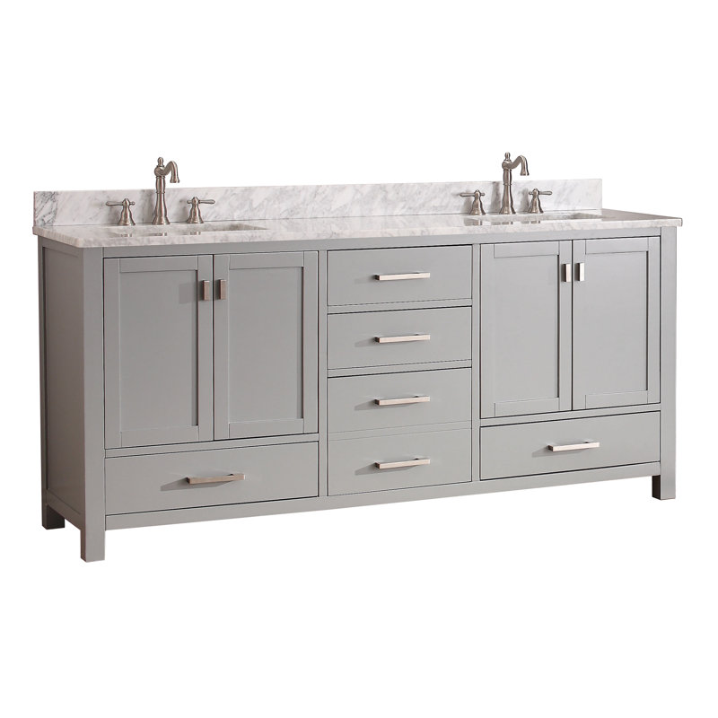 Meuble-lavabo double 72 po avec plateau Souther, Marbre blanc de Carrare, Gris givré