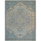 Blue Hand-Knotted Wool Floral Symmetry Geometric Modern Contemporary Carpet Rug