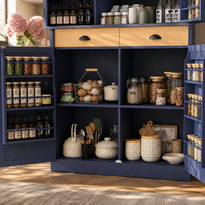 Armoire de cuisine Calverra de style campagnard, 181 cm de hauteur, large meuble de rangement autoportant avec 4 portes, 8 étagères, 2 tiroirs, étagères réglables et ensemble anti-basculement