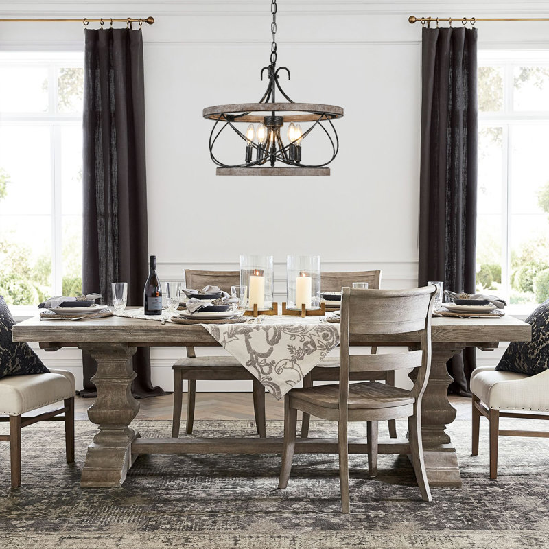 19.7" 5-Light Farmhouse Distressed Wood Chandelier Adjustable Height Pendant Light for Kitchen Island Bedroom, Brushed Nickel