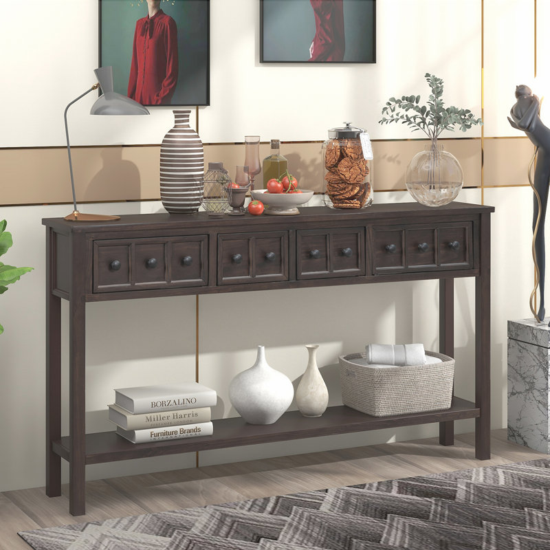 Ashay Rustic Console Table,Entry table,Hallway table with 60" Long with two Different Size Drawers and Bottom Shelf, Blue