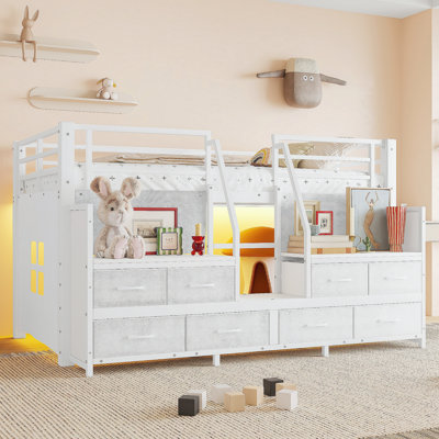 Lit simple mezzanine bas avec espaces de rangement multiples, tiroirs en tissu non tissé, tablettes, lit mezzanine en métal avec lumières et espaces indépendants sous le lit, sans sommier tapissier, blanc