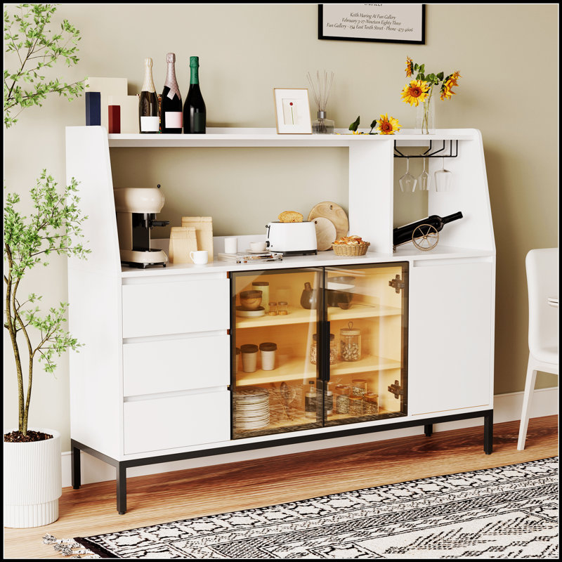 Buffet moderne avec 3 tiroirs et un casier de porte en verre, l'armoire latérale peut contenir des verres à vin