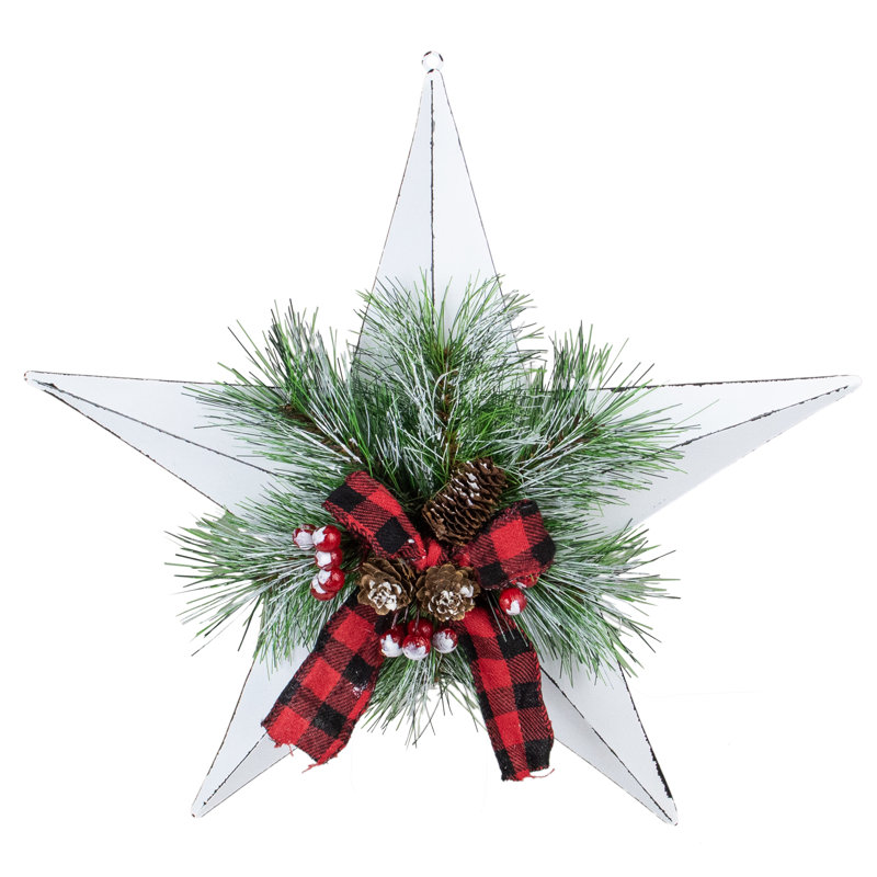 Étoile de Noël 17 po à 5 pointes avec ruban écossais et pin artificiel, Blanc