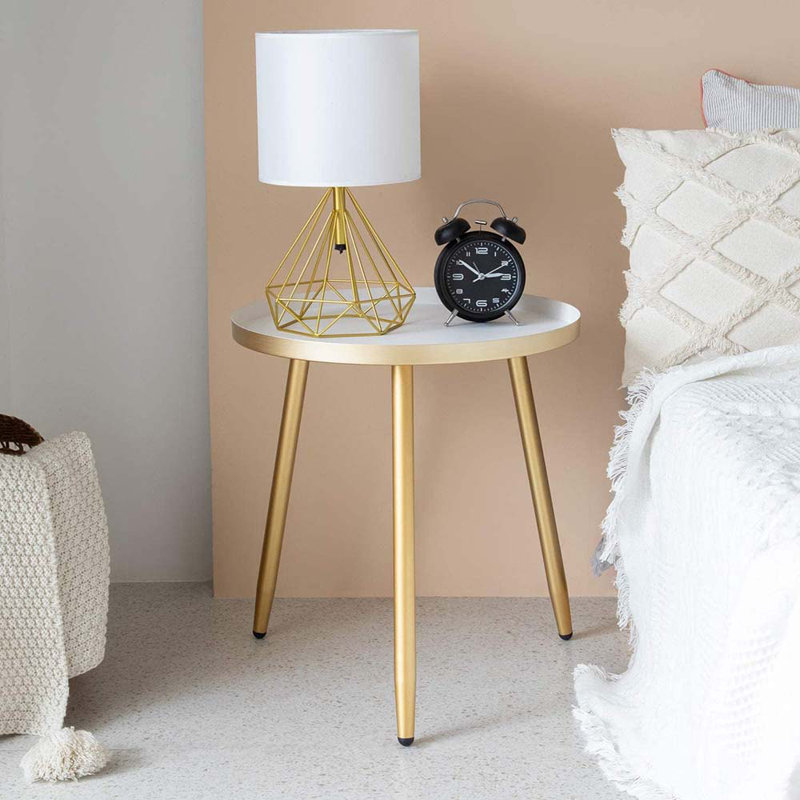 End Table For Any Room - Round Side Tables For Small Spaces - Top With 3 Legged, White Top/Gold Base