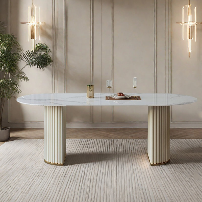 Modern Oval Dining Table, Cream Luxe Style, 29.5"H x 70.9"L x 31.5"W