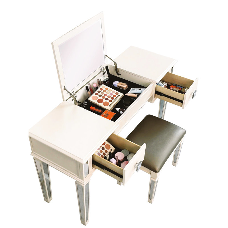 Table de maquillage en miroir - Bureau de coiffeuse avec tabouret en bois et pour rangement de qualité
