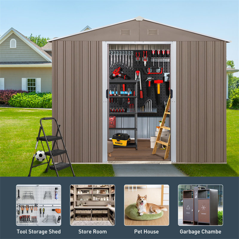 8Ft X 10Ft Outdoor Metal Storage Shed With Metal Foundation,With Window, Gray, 74.8" H x 88.98" W x 114.57" D