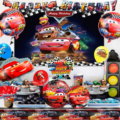 Kit de décoration pour fête d'anniversaire Flash McQueen : 116 pièces de décorations et de vaisselle sur le thème de Cars.