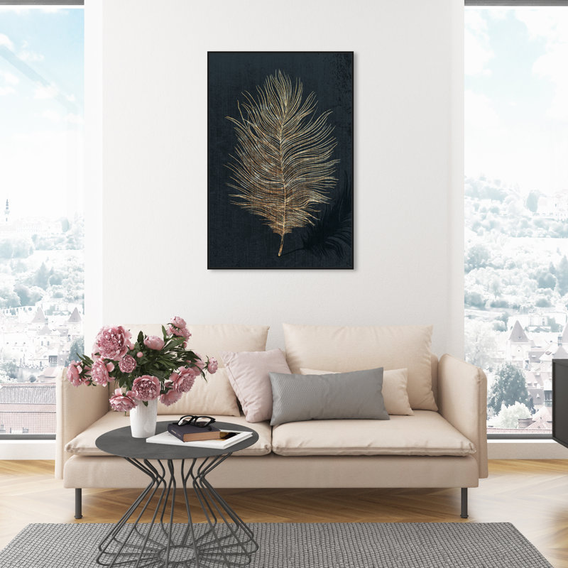 Plume dorée, plume métallique moderne noir - impression sur toile, Cadre flottant en bois noir, H 45 po x l 30 po x P 1,75 po