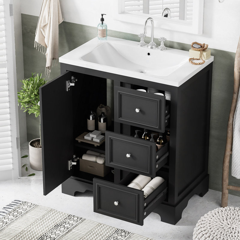 Meuble-lavabo de salle de bain avec lavabo en céramique, 3 tiroirs et tablettes réglables, Noir