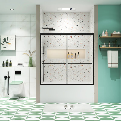 Contournement de porte de douche, 56 à 60 po x 58 po, verre trempé de 1/4 po, finition noir mat, système de coulissement en douceur Nano Easy Clean, système de nettoyage de salle de bain,