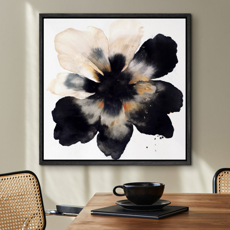 "Bold" noir et beige abstrait floral sur fond blanc - impression sur toile encadrée, H 16 po x l 16 po, Structure noire