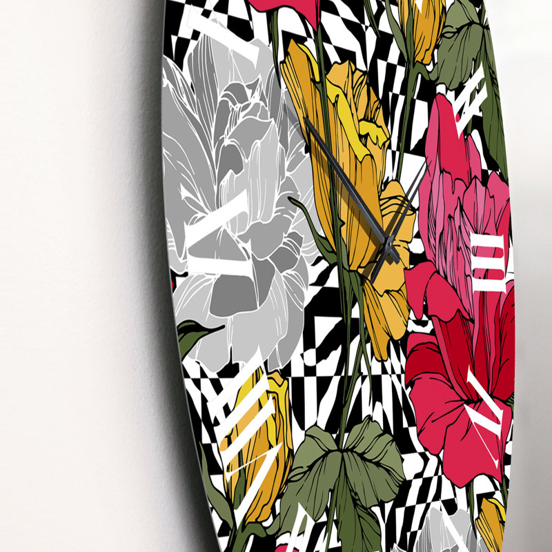 Horloge murale à motif fleurs rouges et jaunes sur fond noir et blanc, Grand