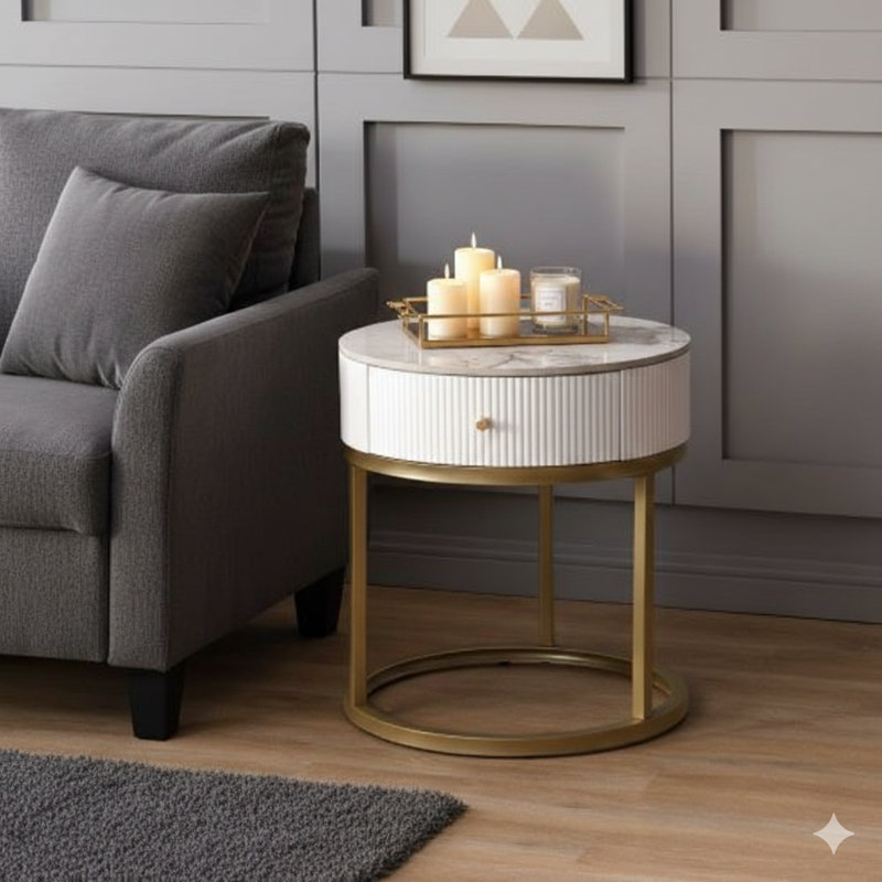 19.68 Inch Contemporary Bedside Table With Storage Drawer, Featuring A Marble-Look Round Top, Suitable As A Side Table In Living Rooms And Bedrooms