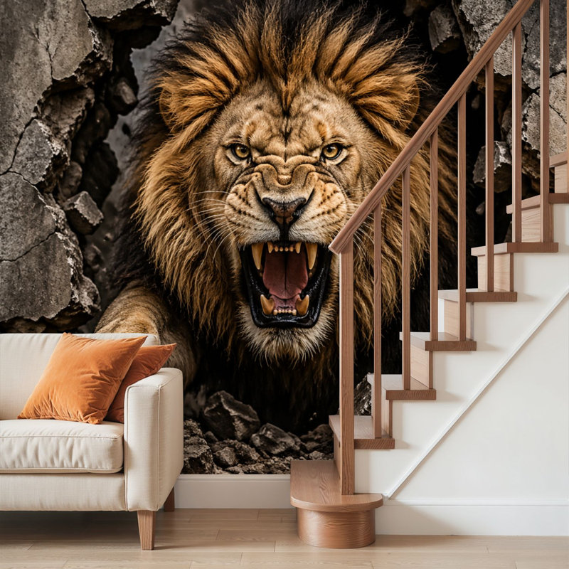 Peler et coller le papier peint Lion féroce brisant le mur fissuré, expression murale, auto-adhésif et amovible