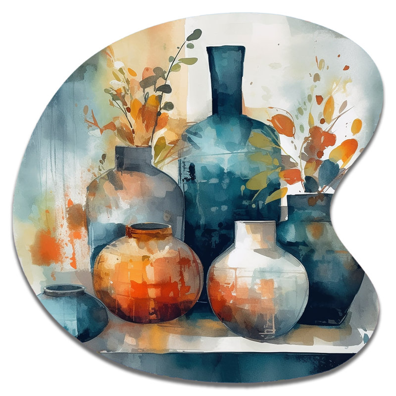 «Blue and Orange Artisanal Boho Pottery I», reproduction d'art de sculpture murale asymétrique, H 27 po x l 27 po