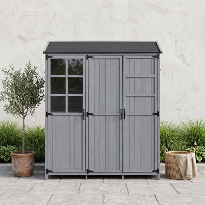 Wood Outdoor Garden Storage Shed with 3 Doors, Adjustable Shelves, 2 Drawers and 6 Hooks
