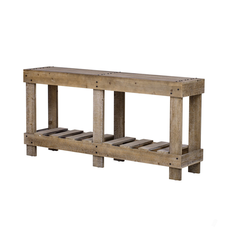 62.9" Vintage Entryway Table - Fir Solid Wood With Natural Grain, 6 Reinforced Legs & 4.6" Thick Desktop, Metal Rivet Decor & Plank Under-Shelf, Console Table For Hallway, Living Room