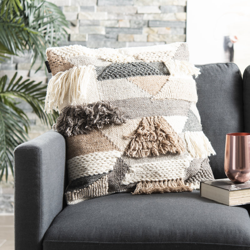 Gray and Ivory Geometric Wool Fringe Throw Pillow