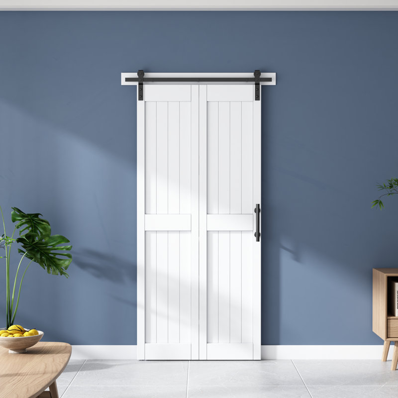 Porte de grange pliante en panneau de fibres à densité moyenne 84 po avec quincaillerie assemblée, 36 po x 84 po
