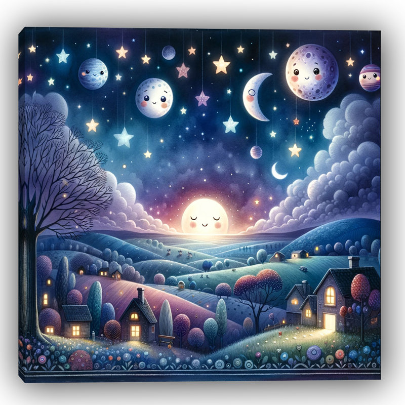 «Celestial Smiles: Whimsical Night Sky», reproduction sur toile, H 12 po x l 12 po