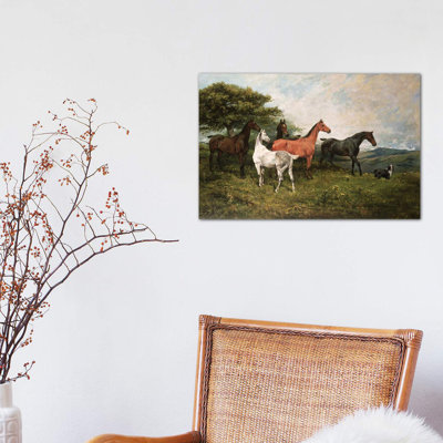 Mares And Foal With A Sheepdog by John Emms - Wrapped Canvas Painting
