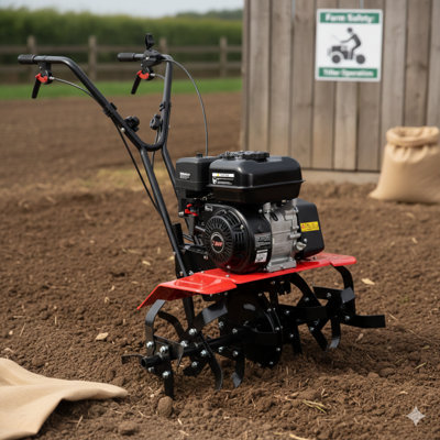 Heavy-duty rotary tiller for soil cultivation, powered by a 7-horsepower, 212cc gas engine. Equipped with six blades, it tills a width of 32.5 inches and reaches a depth of 10 inches. Suitable for preparing garden soil for planters and vegetable beds.
