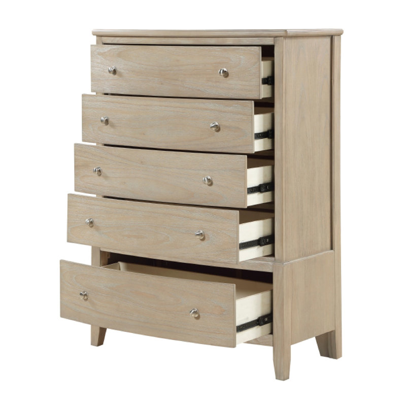 Commode haute Hadly, 5 tiroirs, boutons en nickel satiné, beige rustique